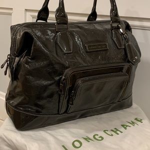 Longchamp Large Legende Verno Frame Charcoal Patent Leather Tote Bag EUC Rare